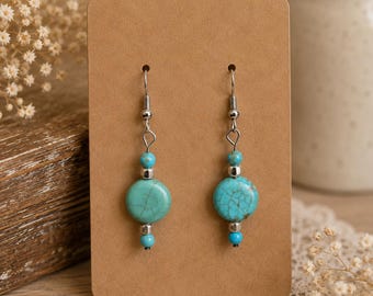 Turquoise Beaded Dangle Earrings, Handmade Earrings, Silver Hook Earrings, Western Boho Jewelry, Turquoise Jewelry Gift for Women