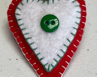 Handmade Felt Heart Pin, Red White Green Brooch