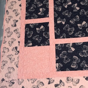 Modern Lap Quilt, butterflies quilt, coral and navy blue, 48” x 63”