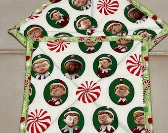 Elf Pot Holders Set of 2, Elf Hot Pads, 7" Square Cotton Potholders, Gift