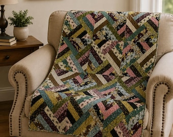 Jelly Roll Strip Lap Quilt, Floral Jewel Tone Throw, Handmade Diagonal Patchwork Gift, 62” x 45”