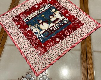Snowman Christmas Table Topper, Cotton Quilted Centerpiece, 18” x 18”