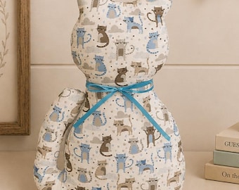 Cat Plushy, Ribbon Tie, Stuffed Animal, 12 Inch Tall Cat, Nursery Decor, Handmade Baby Gift