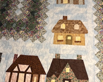 Cottagecore House Quilt, Floral Lap Quilt, 63" x 70", 12 Fabric Houses, Green Floral Border, Handmade Lap Quilt, Unique Cottage Decor