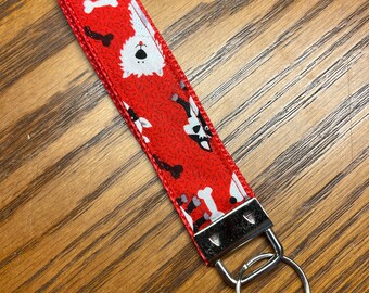 Red Dog Wristlet Keychain, 6" Fabric Key Fob, Dog Lover Gift, Puppy Print Wristlet, Handmade Key Fob, Pet Lover Accessories