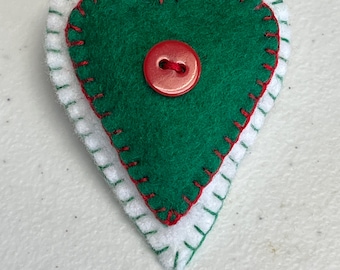 Felt Heart Pin, Red, Green and White Brooch