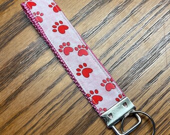 Pink Paw Print Wristlet Keychain, 6" Fabric Key Fob, Dog Lover Gift, Cat Lover Gift, Handmade Key Fob, Pet Lover Accessories