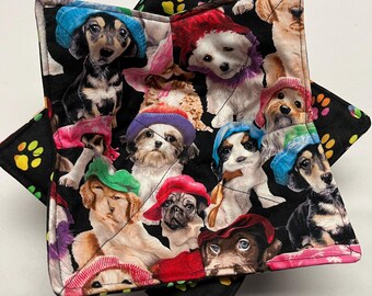 Dogs in Hats Bowl Cozy Set of 2, Microwave Safe Bowl Holder, 8" Square, Cotton Bowl Cozy, Dog Lover Gift, Handmade Kitchen Gift