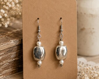 Silver and White/Pearl Colored Bead Dangle Earrings, Handmade Beaded Earrings, Silver Hook Earrings, Elegant Gift for Women