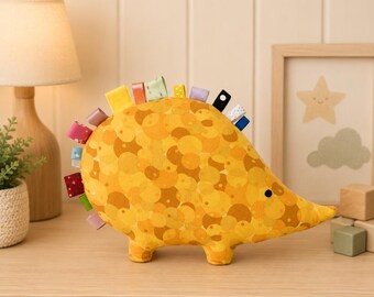 Handmade Hedgehog Plush, Yellow Bubble Print Stuffed Hedgehog, Rainbow Ribbon Spines, Woodland Nursery Decor, Gender Neutral Baby Gift
