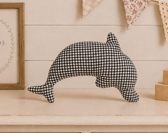 Handmade Dolphin Plush, Black Gingham Stuffed Dolphin, 12" Nautical Nursery Decor, Ocean Themed Room Decor, Baby Shower Gift, Coastal Decor