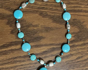 Turquoise and Silver Beaded Necklace, 16" Handmade Necklace, Oval Turquoise Pendant, Western Boho Jewelry, Gift for Women