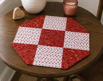 Quilted Valentine Table Topper | Double Sided | Red & White | Hearts | 13.5" x 13.5" | Handmade