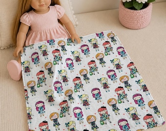Flannel Doll Quilt with Girls Print, Reversible Polka Dot Back, 20" x 20", Soft and Cozy, Handmade Gift for Girls, Doll Bedding