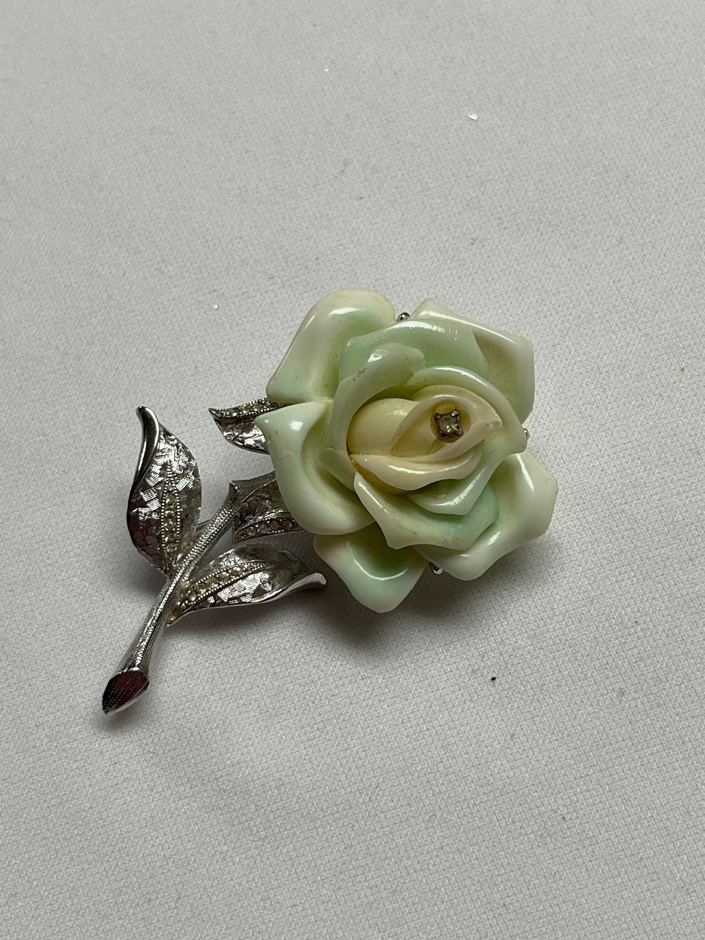 Vintage 60s Coro Flower Brooch Green Enamel & Crystal Pin