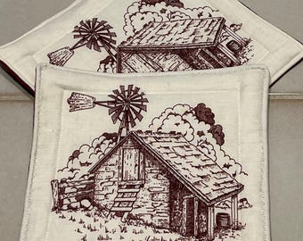 Farm house Pot Holders Set of 2, Farmhouse Hot Pads, 7" Square Cotton Potholders, Gift