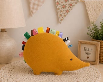 Handmade Hedgehog Plush, Mustard Yellow VelourHedgehog, Rainbow Ribbon Spines, Nursery Shelf Decor, Baby Shower Gift, Woodland Nursery Decor