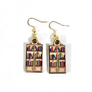 Small Wood Bookshelf Earrings, gift for women