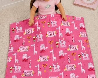 Pink Animal Doll Quilt, Giraffes and Elephants, Reversible Doll Blanket, 20" x 19", Handmade Gift for Girls, Doll Bedding, Free Shipping