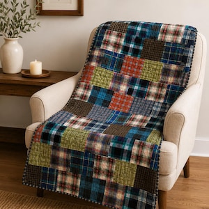 May include: A patchwork quilt featuring a variety of square fabric blocks in plaid and checkered patterns. The quilt displays a color palette of navy blue, forest green, olive, brown, and red, finished with a dark blue stitched border edge.