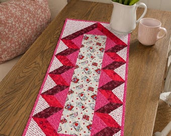 Quilted Valentine Table Runner, Handmade Cotton Decor, 14" x 31", Pink and Red, Hearts and Love Letters, Valentine's Day Gift