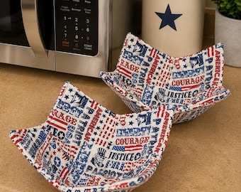 Patriotic Bowl Cozies Set of 2, Americana Microwave Bowl Holder, Red White Blue Kitchen Gift, Liberty Justice Courage, Handmade Bowl Cozy