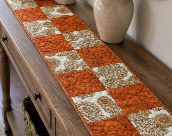 Orange and Gold Table Runner, Paisley Patchwork, 10" x 37", Quilted Cotton Table Topper, Fall Home Decor, Handmade Runner, Free Shipping