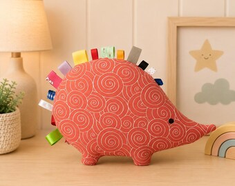 Handmade Hedgehog Plush, Coral Swirl Print Stuffed Hedgehog, Rainbow Ribbon Spines, Woodland Nursery Decor, Boho Baby Shower Gift