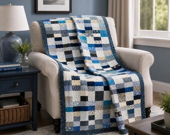 Modern Blue Lap Quilt, 66" x 78", Scrappy Blue and White Patchwork, Cotton Quilt, Handmade Throw Quilt, Gift for Him or Her