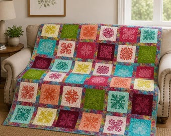 Rainbow Batik Snowflake Quilt, Colorful Lap Quilt, Handmade Boho Gift for Her, 72” x 72”