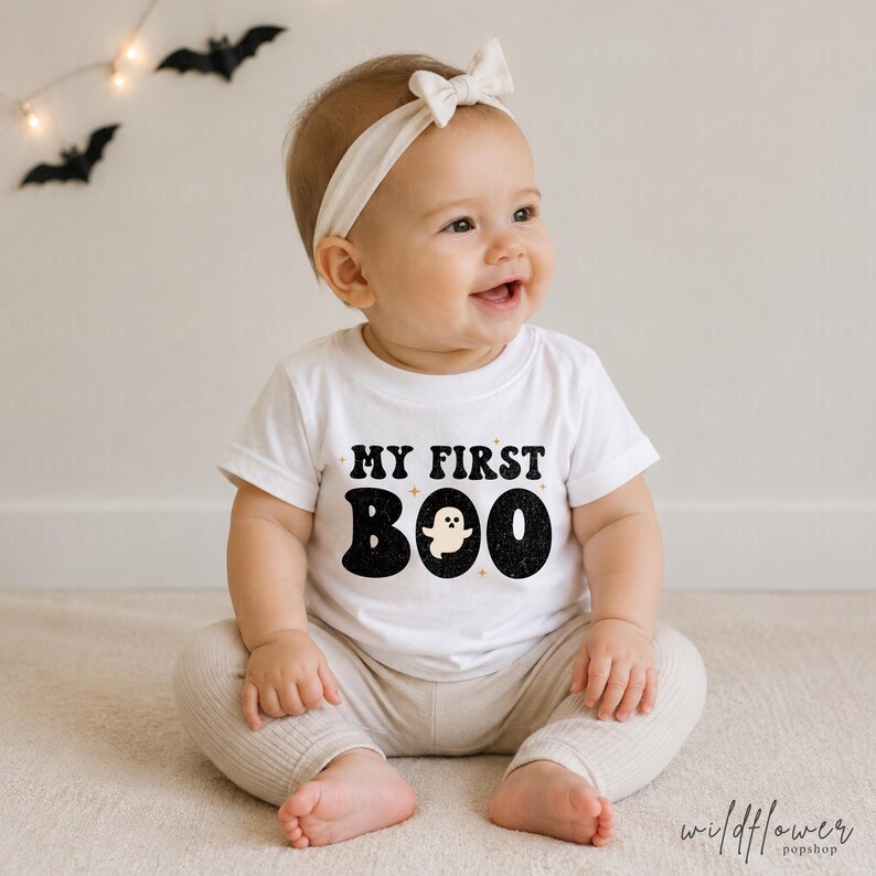 May include: A white short-sleeved t-shirt featuring the black text MY FIRST BOO with a small ghost graphic replacing the letter O. The shirt is paired with light beige ribbed pants and a matching white fabric headband with a small bow.