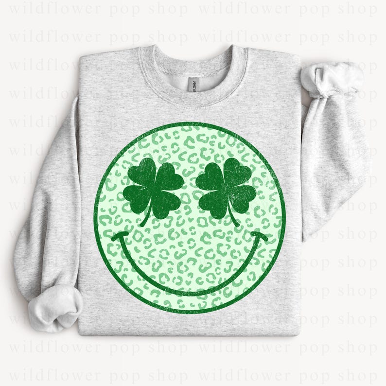 Smiley-ansikte för St. Patrick's Day i PNG-format | Design med leopardmönster och klöverögon | Digital nedladdning för personligt eller kommersiellt bruk bild 3