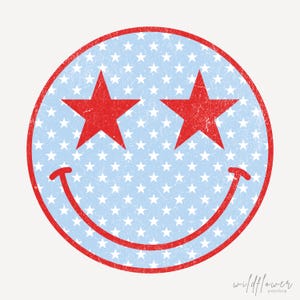 4th of July White and Blue Stars Smile PNG | Distressed Smiley Face Print Star Eyes Design Fourth of July | Cute Summer Digital Download