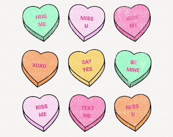 Corazones de caramelo «Sé mío» PNG / Diseño de patrón adorable para el Día de San Valentín / Gráfico de corazón pastel con efecto desgastado / Descarga digital para ropa y regalos