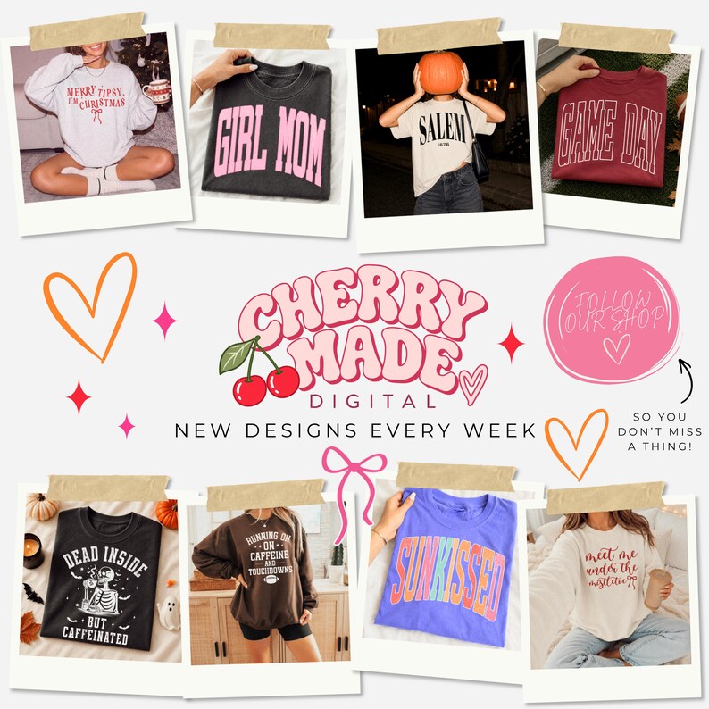 K&ouml;nnte beinhalten: Eine Kollektion von grafischen Sweatshirts und T-Shirts mit verschiedenen Slogans, darunter Merry Tipsy, Girl Mom, Salem, Game Day, Dead Inside But Caffeinated, Running On Caffeine And Touchdowns, Sunkissed und Meet Me Under The Mistletoe.