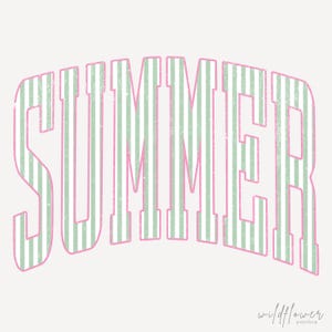 May include: The word "SUMMER" in a retro, arched design. The letters are pink with green and white vertical stripes, set against a cream background. The Wildflower Popshop logo is in the bottom right corner.