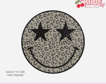 Black and Grey Smiley Face PNG | Distressed Leopard Print Star Eyes Design | Digital Download for Personal or Commercial Use