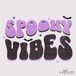 May include: A graphic design featuring the text SPOOKY VIBES in a wavy, distressed font. The word SPOOKY is light purple, and VIBES is black. The design includes small black bat silhouettes and four-pointed star accents on a light background.