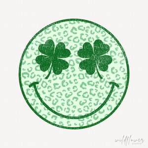 St. Patrick’s Day Smiley Face PNG | Distressed Leopard Print Clover Eyes Design | Digital Download for Personal or Commercial Use