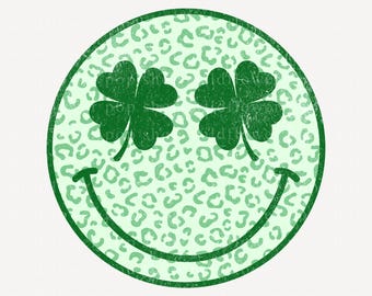 St. Patrick’s Day Smiley Face PNG | Distressed Leopard Print Clover Eyes Design | Digital Download for Personal or Commercial Use