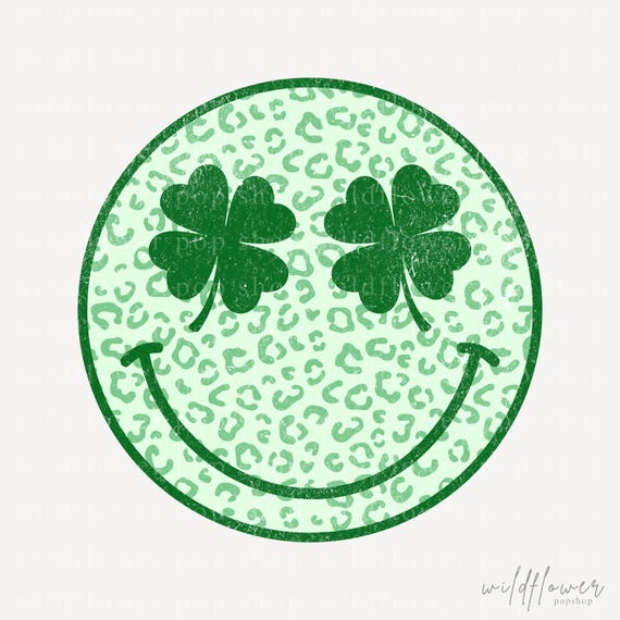 St. Patrick’s Day Smiley Face PNG | Distressed Leopard Print Clover Eyes Design | Digital Download for Personal or Commercial Use