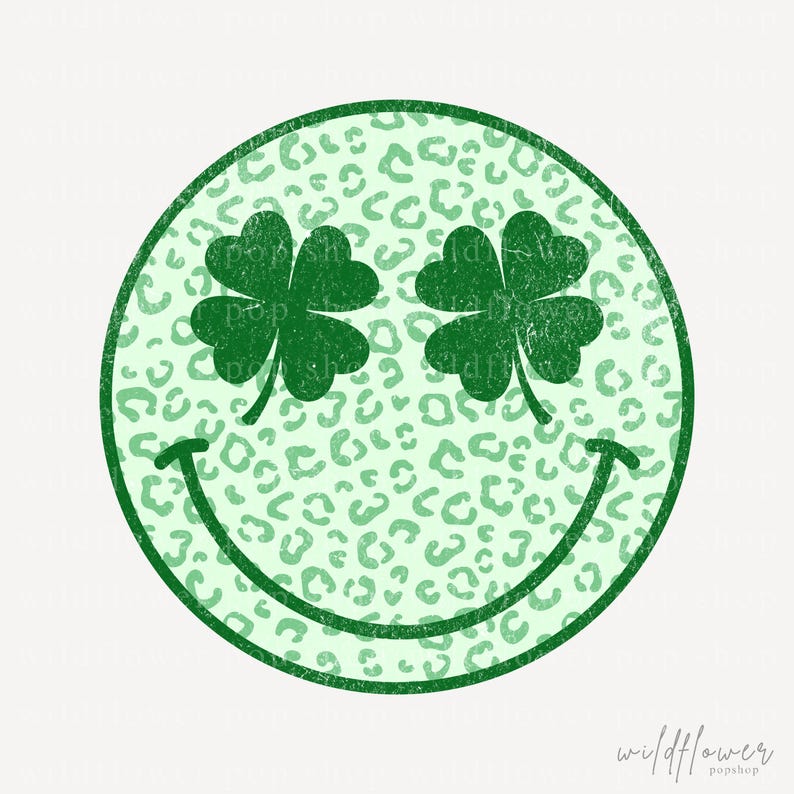 Smiley-ansikte för St. Patrick's Day i PNG-format | Design med leopardmönster och klöverögon | Digital nedladdning för personligt eller kommersiellt bruk bild 1