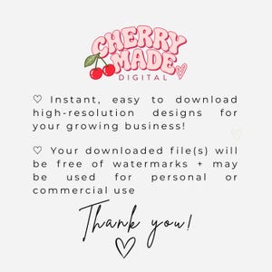 K&ouml;nnte beinhalten: Eine digitale Grafik mit dem Text CHERRY MADE DIGITAL in einer rosa Retro-Schrift und einer roten Kirschillustration. Darunter steht: Instant, easy to download high-resolution designs for your growing business! Your downloaded file(s) will be free of watermarks + may be used for personal or commercial use. Thank you!