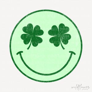 Smiley-ansikte för St. Patricks dag i PNG-format | Design med gröna klöverögon och nött tryck | Digital nedladdning för personligt eller kommersiellt bruk