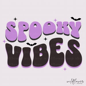 May include: A graphic design featuring the text SPOOKY VIBES in a bold, wavy font. The word SPOOKY is light purple, and VIBES is dark charcoal. The design includes small black bat silhouettes and four-pointed star icons scattered throughout.