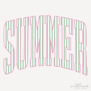 May include: The word "SUMMER" in a curved, block letter style, with a pink outline and filled with vertical green and white stripes. The background is a soft off-white color. The text "wildflower popshop" is in the bottom right corner.