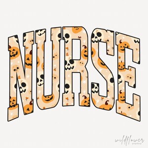 May include: The word NURSE in large block letters with a light beige background featuring a repeating pattern of orange jack-o'-lanterns, white skulls, and small star shapes. The text has a thick black outline and a slight arching curve.