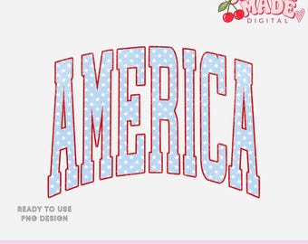 May include: A digital graphic design featuring the word AMERICA in a large, arched, collegiate-style font. The letters are light blue with a white star pattern and a distressed red outline. A cherry logo with the text CHERRY MADE DIGITAL is visible.