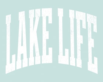 Imagem PNG com efeito desgastado e tema de vida no lago em branco | Estilo minimalista universitário para o verão | Download digital para camisetas e moletons | Uso comercial
