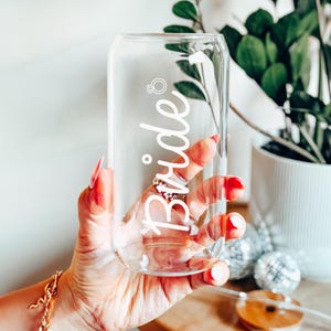 Bride 16oz Sipper Glass with Bamboo Lid and Straw - Wedding Gift, Engagement Gift, Newlywed Glass Jar with Lid